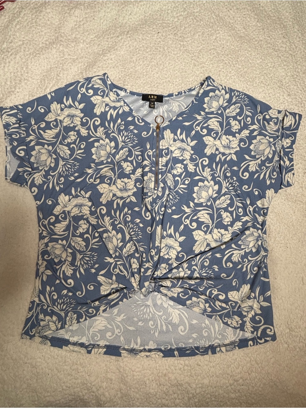 Blue Floral Zip Front Knot Tee